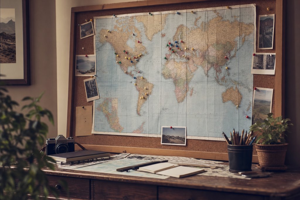 A pinboard carrying a large paper map stuck with coloured pins above a work desk. (AI-generated image)