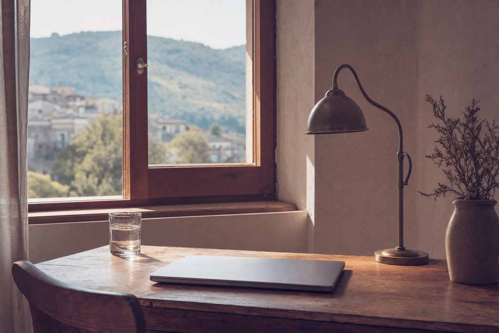 A closed laptop on a wooden desk beside an open window looking out over a hillside town, with a brass desk lamp and a glass of water. (AI-generated image)