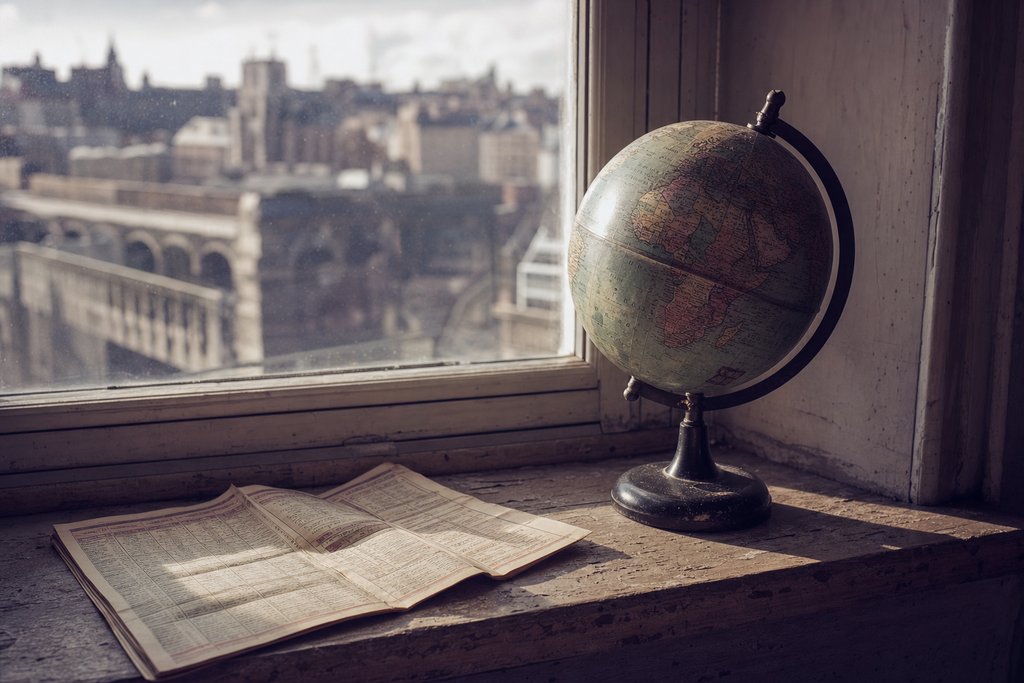 a worn globe and a folded rail timetable on a windowsill in low afternoon light. (AI-generated image)