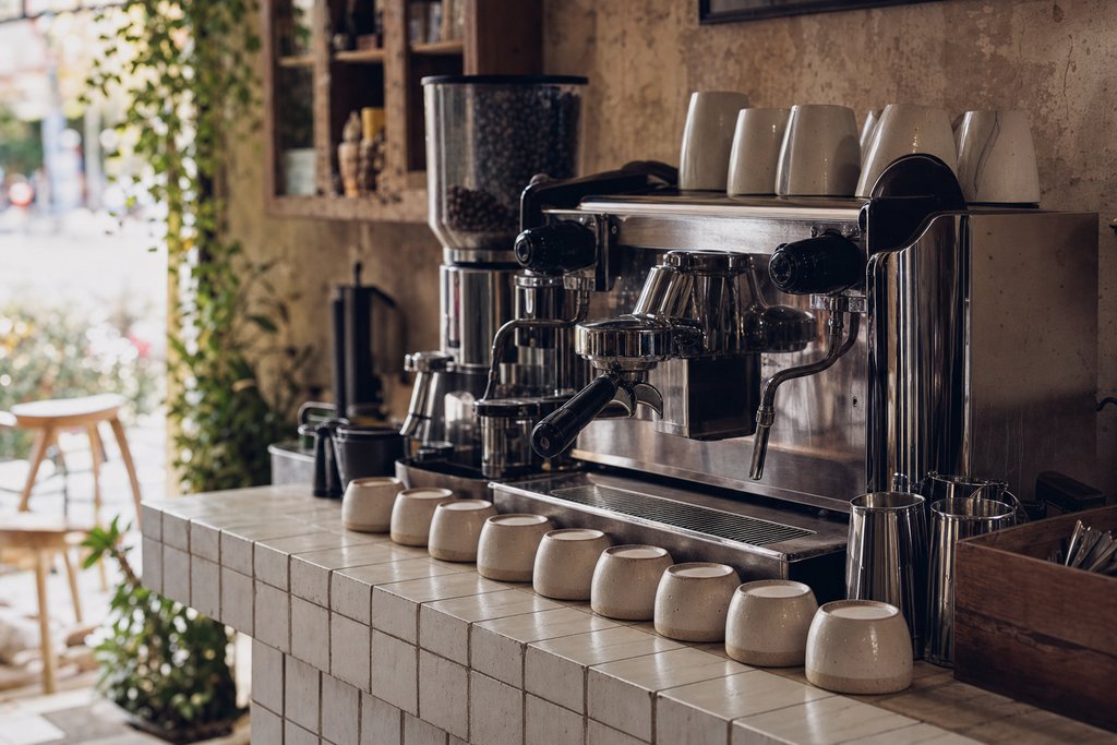 a tiled café counter with a chrome espresso machine and a row of clean cups. (AI-generated image)