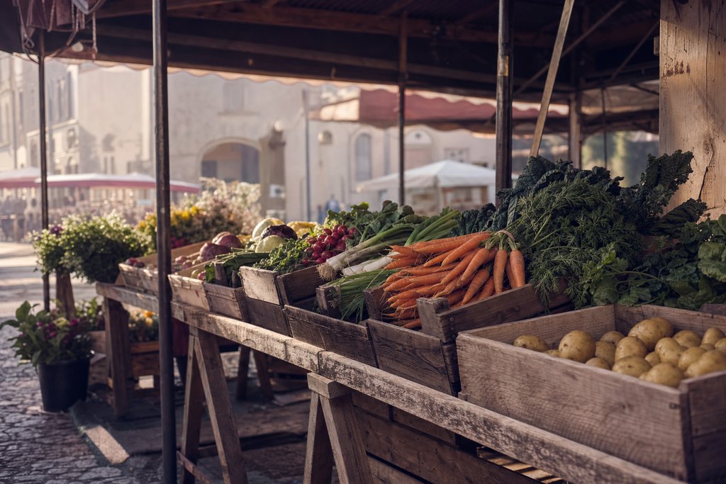 a trestle table of produce boxes under a market awning in early morning. (AI-generated image)