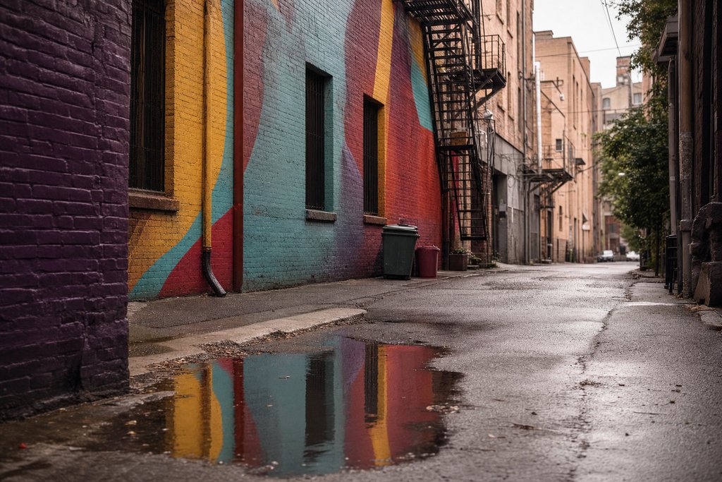 a painted brick laneway corner with a fire escape and a puddle reflecting colour. (AI-generated image)
