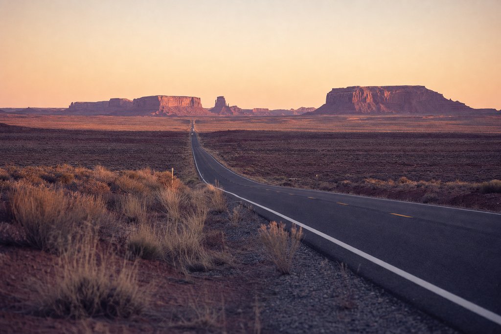 a straight desert highway seen from a low verge with distant mesas at first light. (AI-generated image)