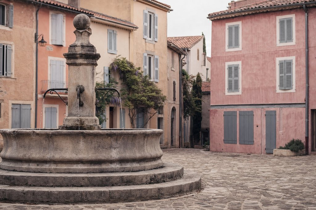 a cobbled European square with shuttered pastel houses and a stone fountain in flat light. (AI-generated image)