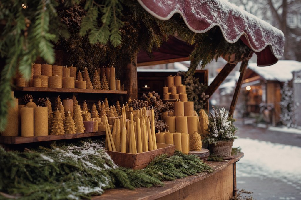 a market stall of beeswax candles and pine boughs under a snow-dusted awning. (AI-generated image)