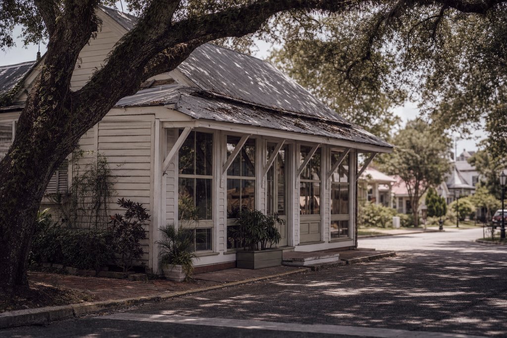 a tin-roofed clapboard shop on a quiet corner beneath a live oak. (AI-generated image)