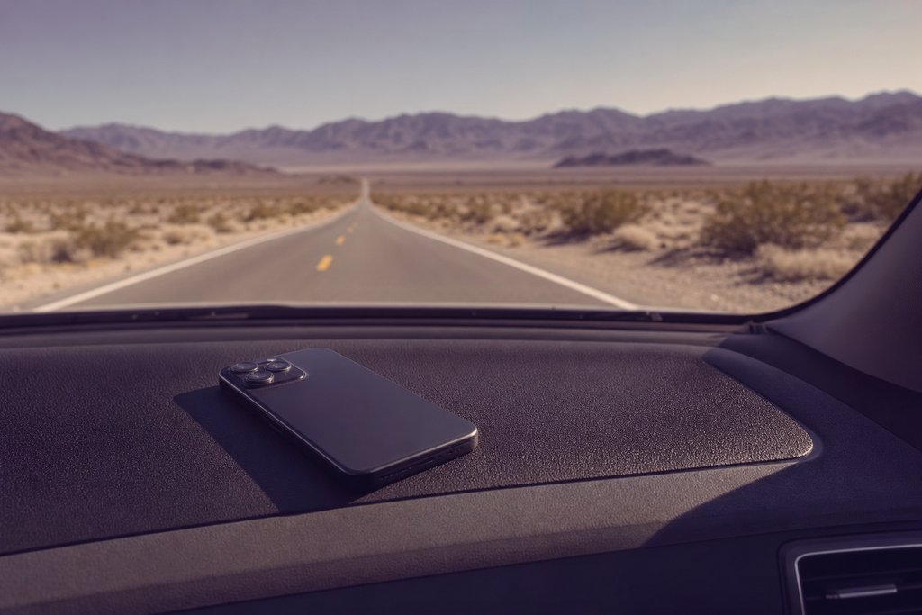 a dark phone face down on a car dashboard with open desert road beyond. (AI-generated image)