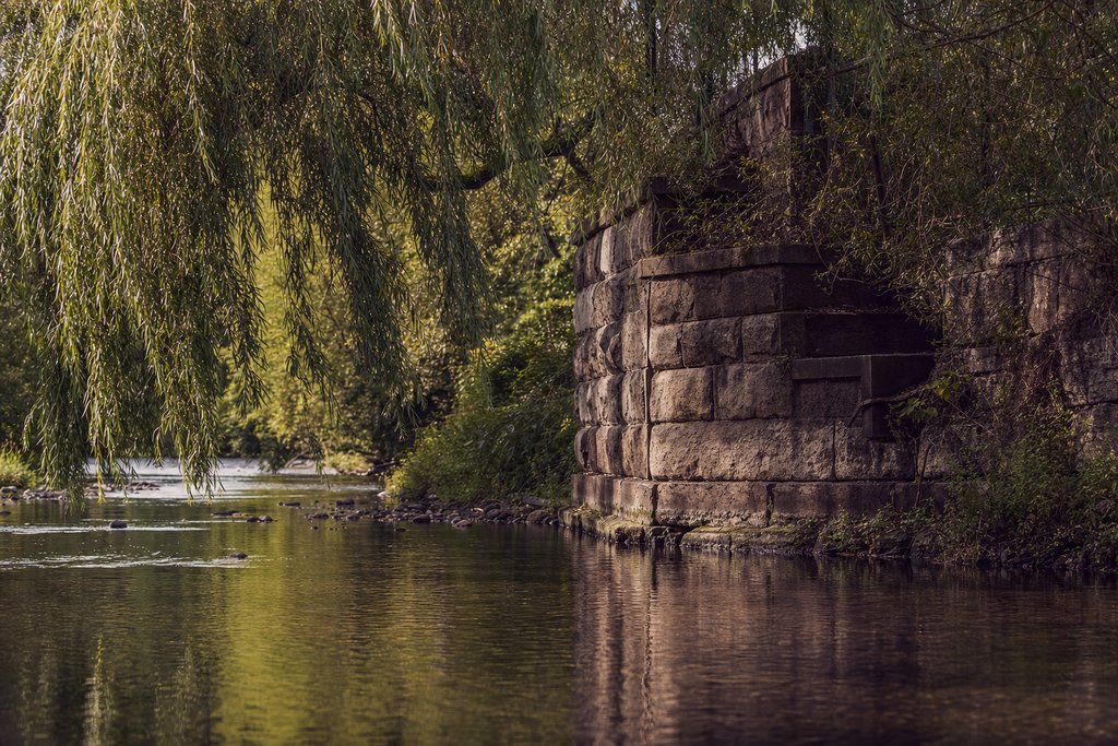 A slow creek under overhanging willows with a cut-stone bridge abutment on the bank. (AI-generated image)