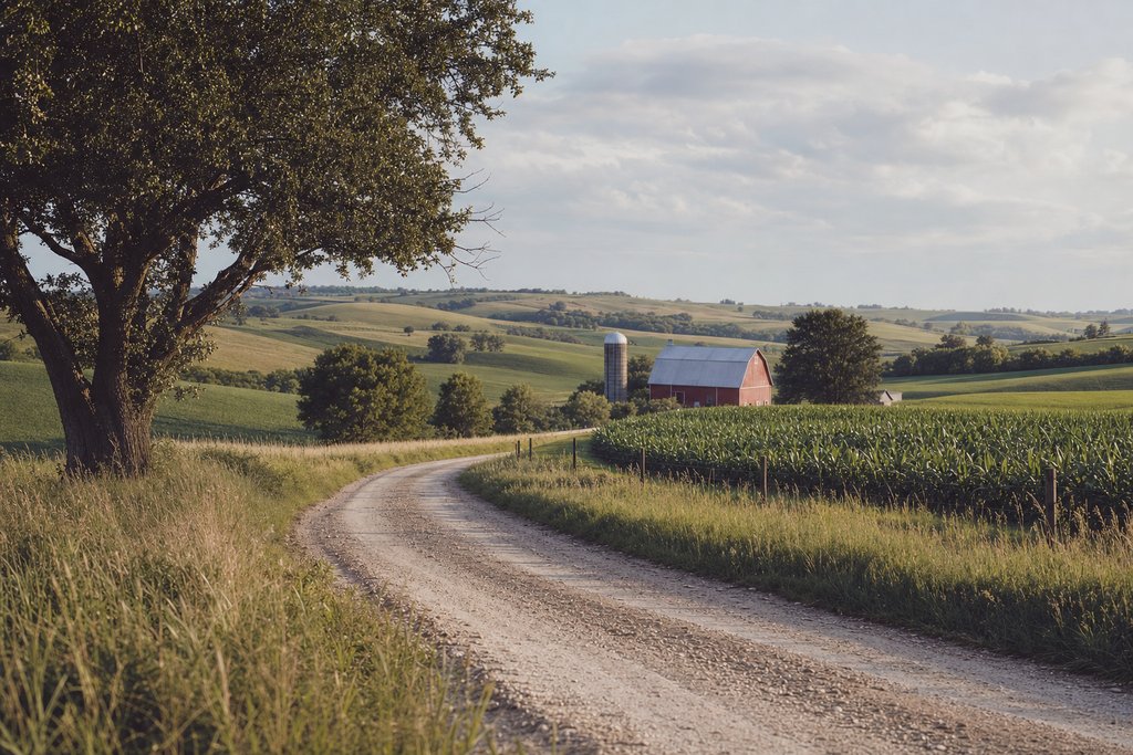Rolling Iowa farmland in summer with a red barn and a gravel section road. (AI-generated image)
