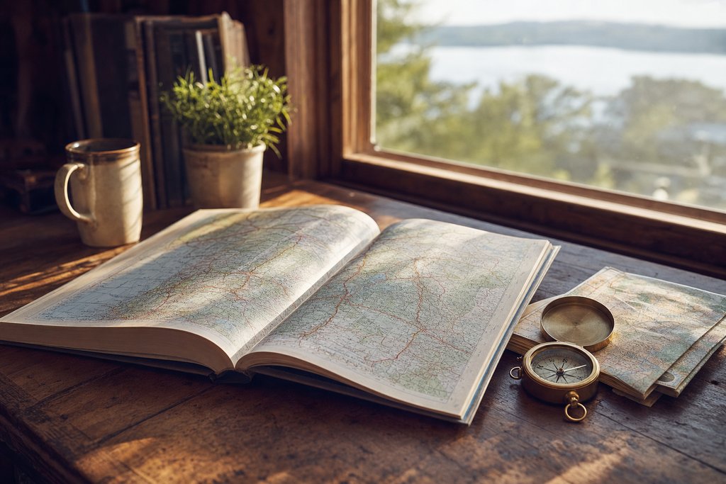 A wooden desk beside a window with an open paper road atlas, a brass compass and a folded map, morning light falling across the page. (AI-generated image)