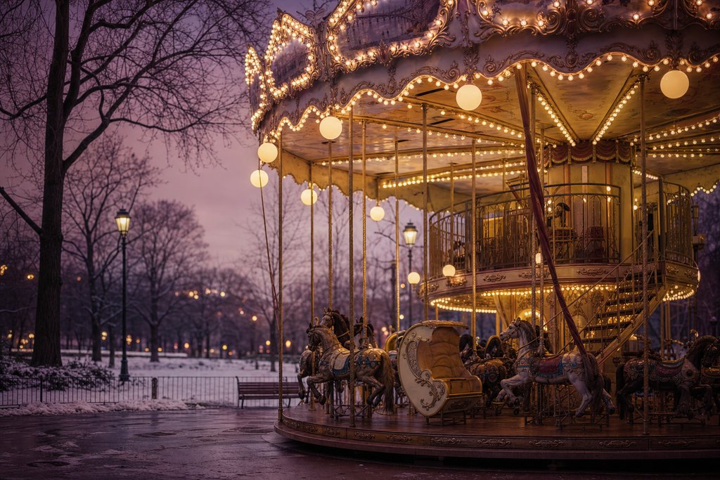 An empty painted carousel lit on a winter evening in a public park. (AI-generated image)