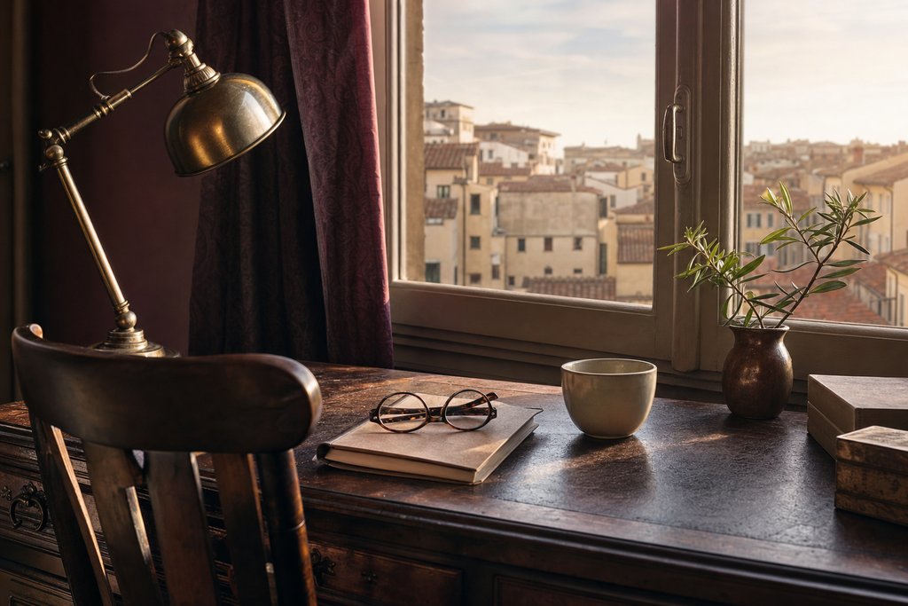 A stack of dated paper notebooks and a pen on a desk beside a window. (AI-generated image)