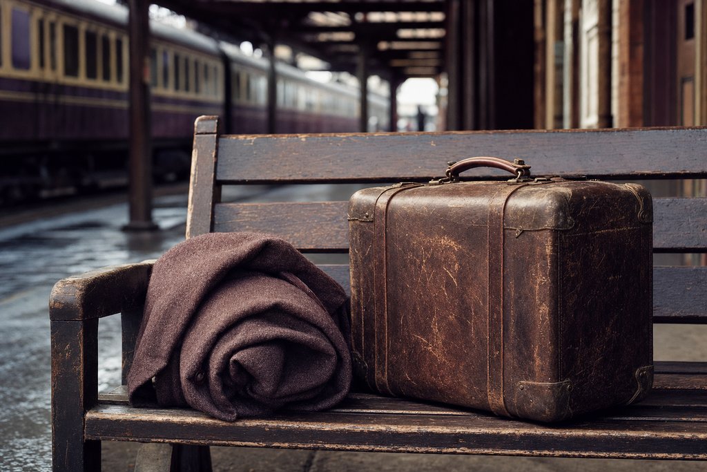 A worn leather suitcase and a rolled coat left on a station bench. (AI-generated image)