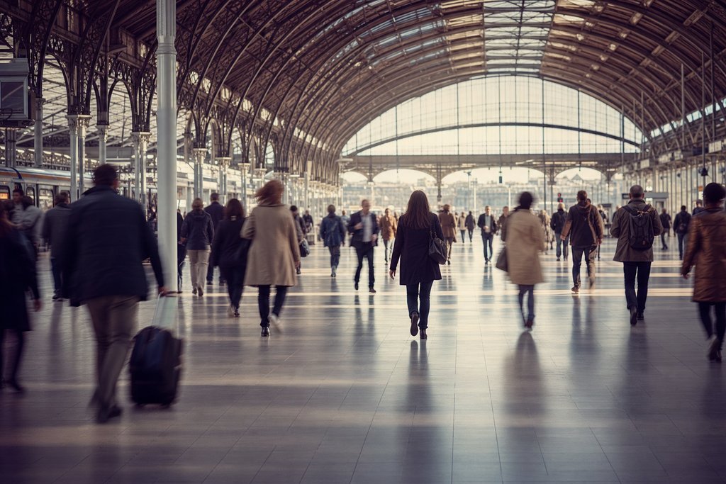 A railway station concourse under an iron and glass roof, travellers blurred by motion. (AI-generated image)