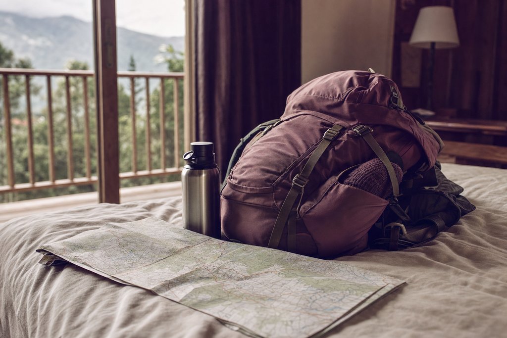 A packed backpack, a water bottle and a paper map laid out on a bed. (AI-generated image)
