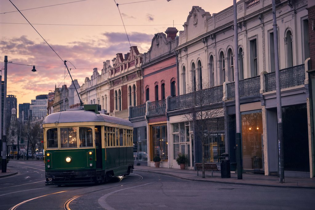 A green tram curving past a row of two-storey Victorian shopfronts on a wide city street at dusk. (AI-generated image)