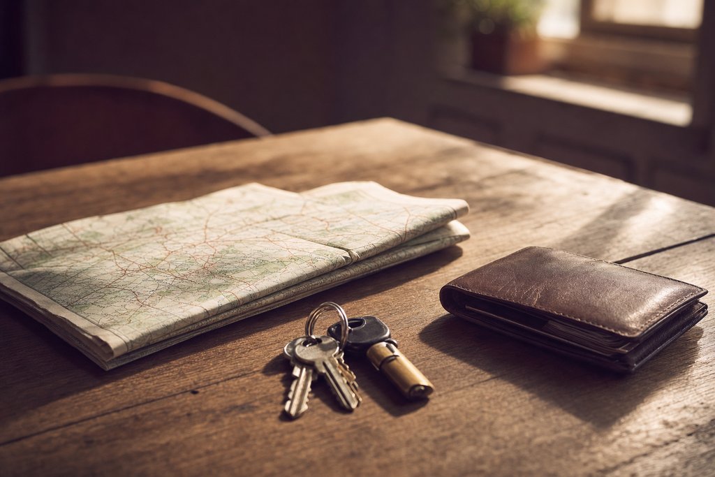 A packed backpack, a water bottle and a paper map laid out on a bed. (AI-generated image)