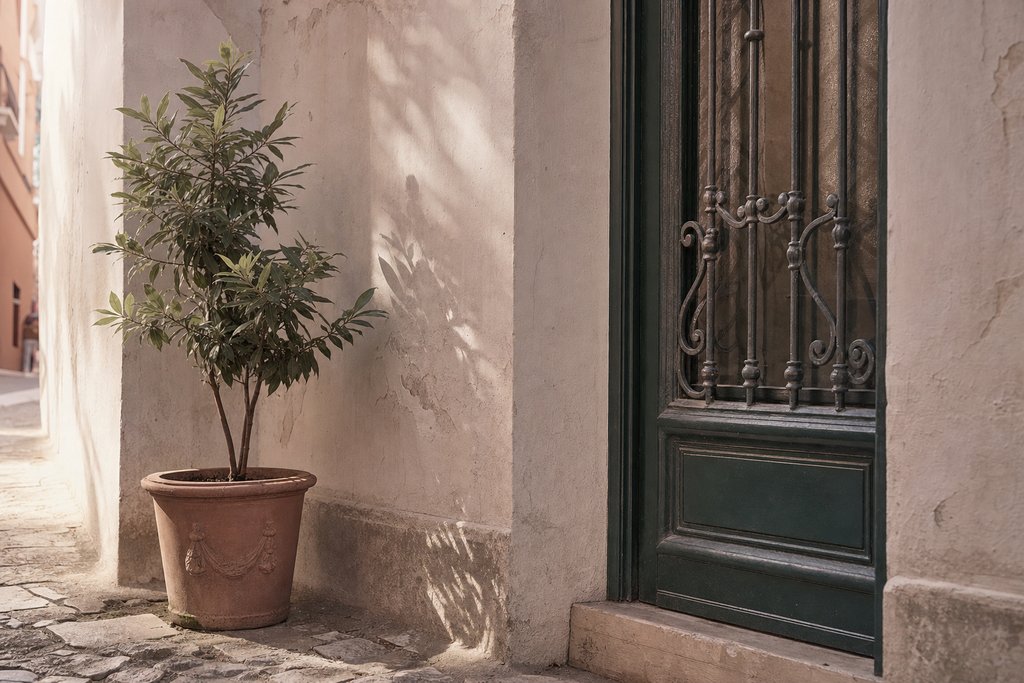 A blank enamel street-name plate on a pale rendered wall beside a green painted door. (AI-generated image)