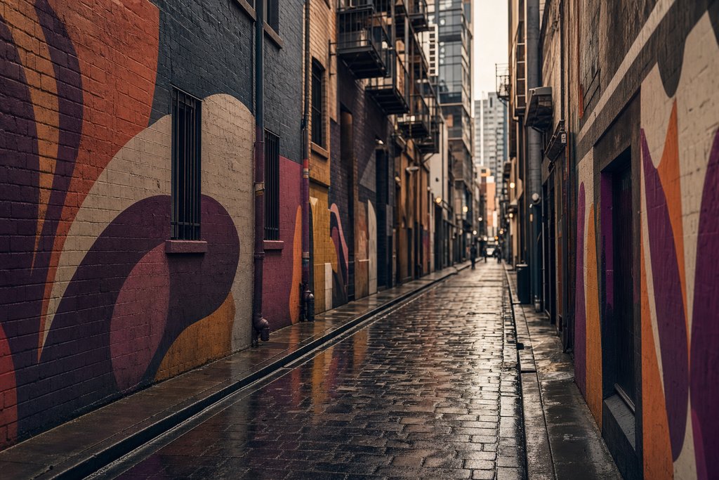 A laneway wall covered in layered abstract spray paint with wheelie bins and wet ground. (AI-generated image)