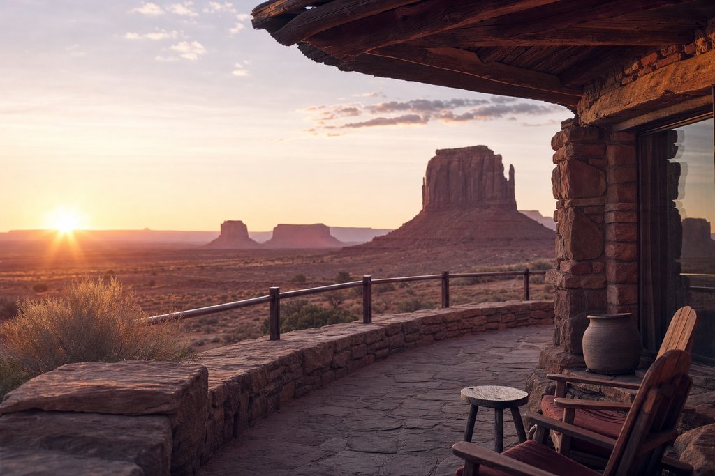 A low stone lodge terrace looking out over red desert buttes at sunrise. (AI-generated image)