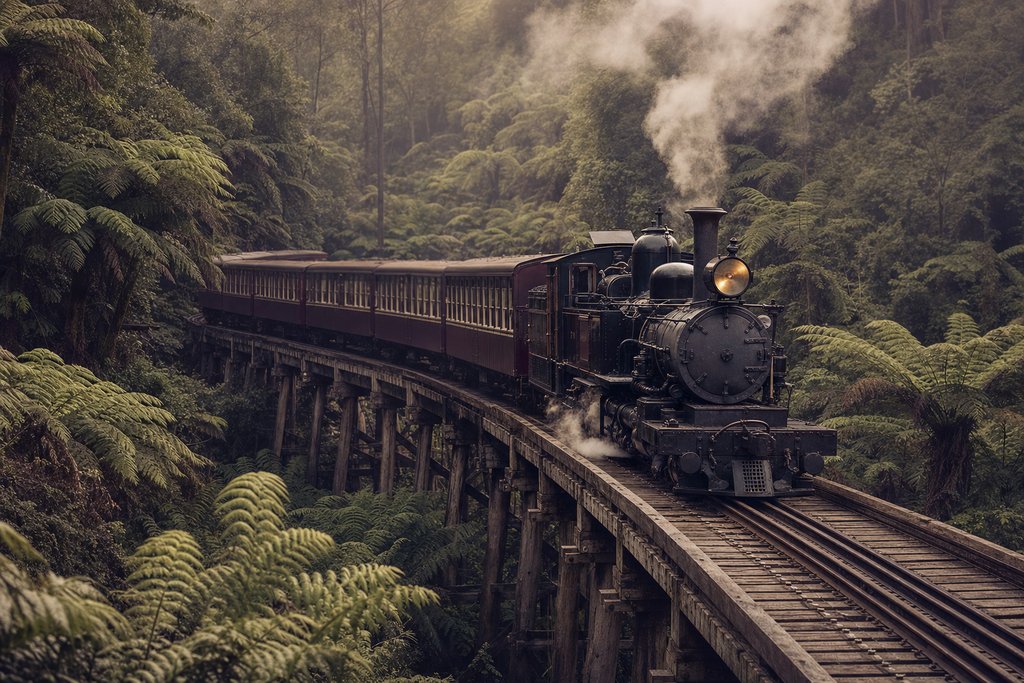 A curved timber trestle railway bridge running through forest with no train on it. (AI-generated image)
