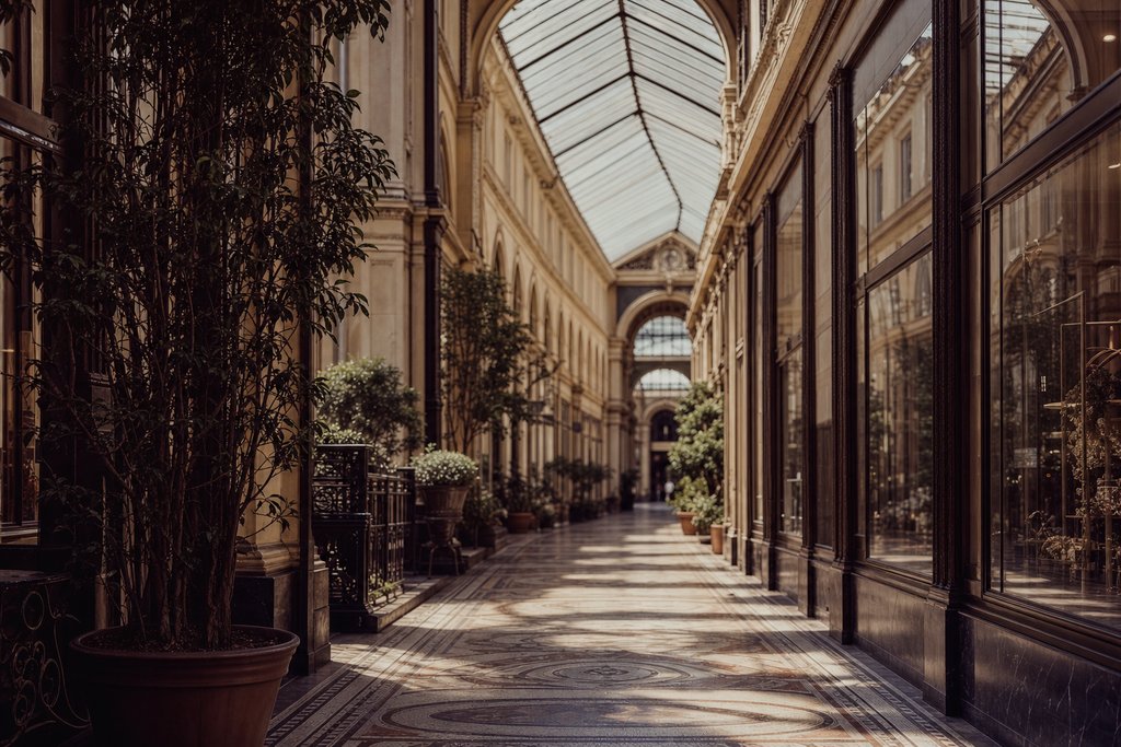 A Victorian shopping arcade with a tiled floor and a glass barrel roof. (AI-generated image)