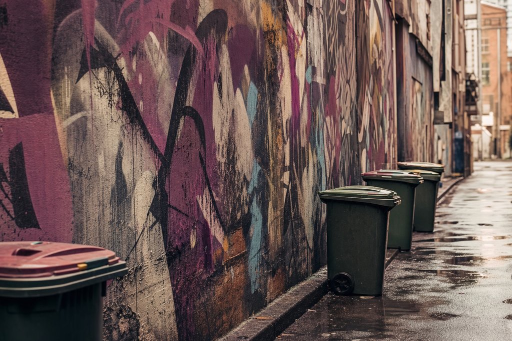 A laneway wall covered in layered abstract spray paint with wheelie bins and wet ground. (AI-generated image)