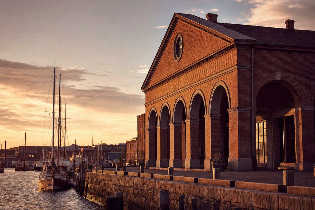 A block of brick rowhouses with white marble stoops in low sun, Baltimore. (AI-generated image)