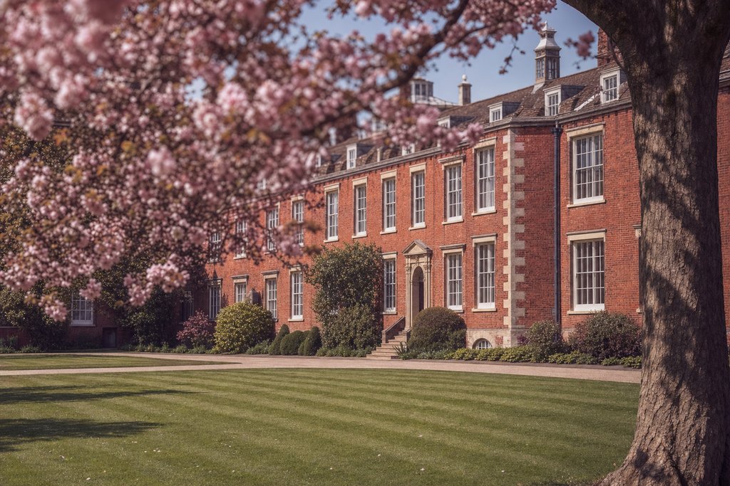 A red brick school building with white sash windows above a mown quadrangle in spring. (AI-generated image)