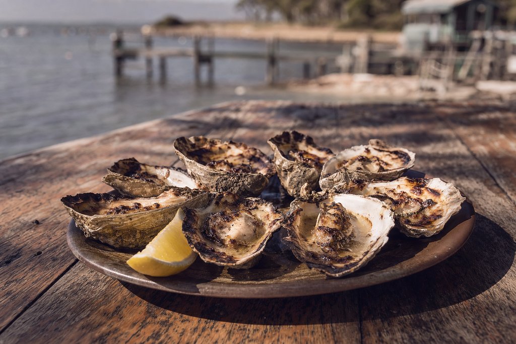 A plate of grilled oysters with a lemon wedge on a scarred timber table. (AI-generated image)