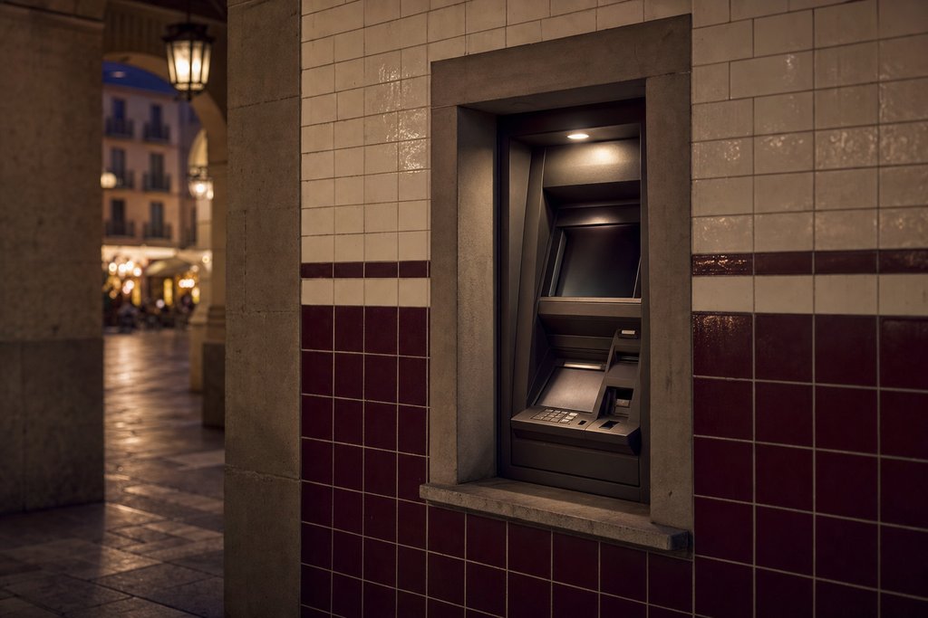 An unbranded bank machine alcove set into a tiled arcade wall in the evening. (AI-generated image)