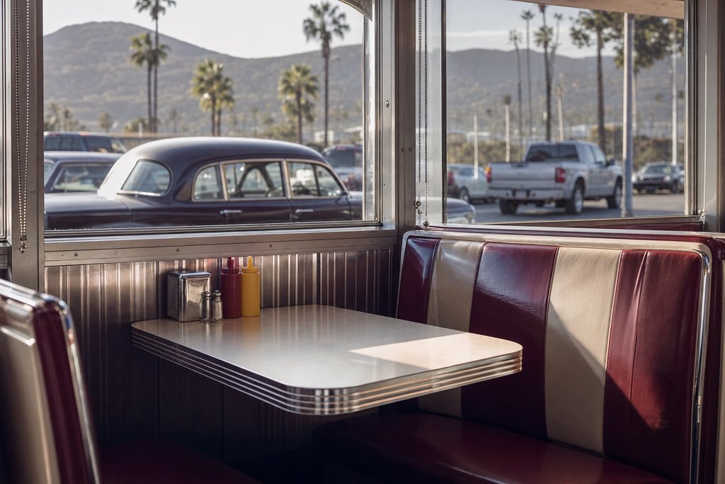 A vinyl booth in an American diner with chrome edging and a window onto a car park. (AI-generated image)