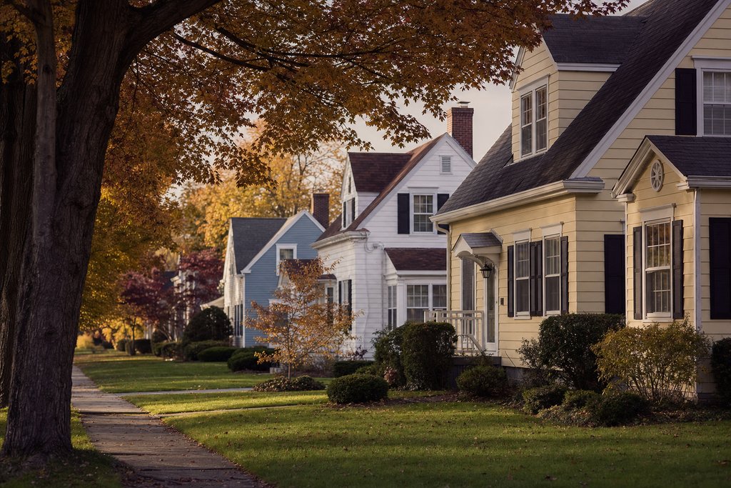 A two-storey brick suburban family house with a wide lawn and a basketball hoop, Illinois autumn. (AI-generated image)
