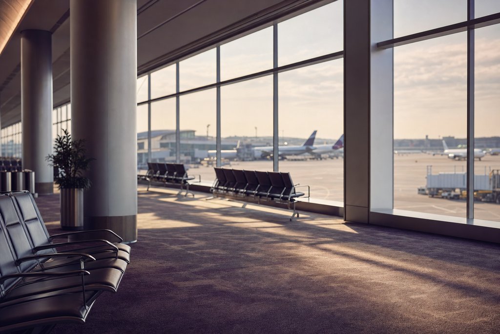 An airport arrivals hall with a bank of blank service counters under wide daylight. (AI-generated image)